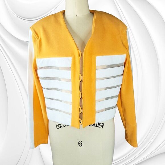 Andrea Isabella orange white leather sheer panel jumpsuit jacket set - Picture 4 of 9